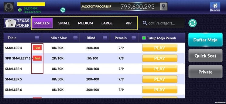 Daftar Meja Permainan Texas Poker